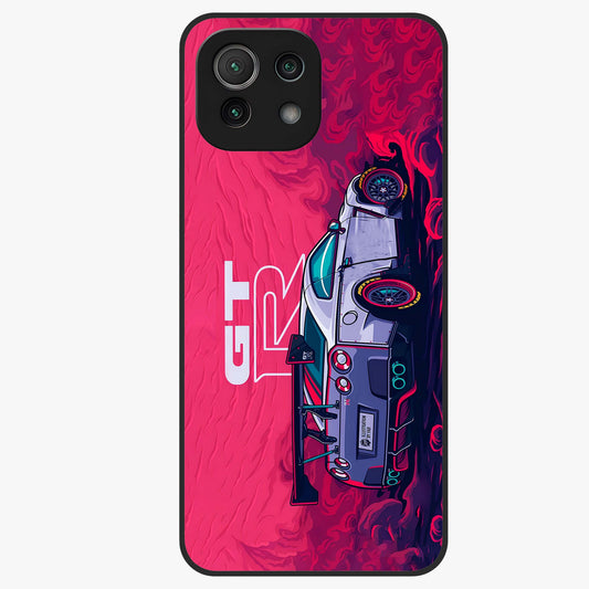 GT-R Car Pattern Glass Case showing flat back view with sporty car inspired pattern artwork and glossy glass finish.