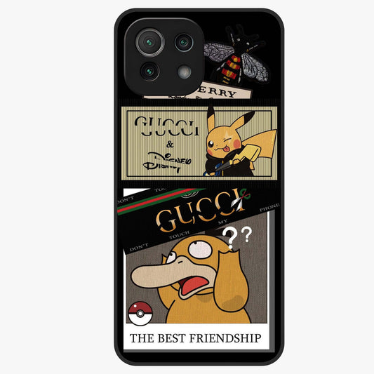 Gucci Play Mashup Glass Case showing flat back view with luxury inspired graphic artwork and glossy glass finish.