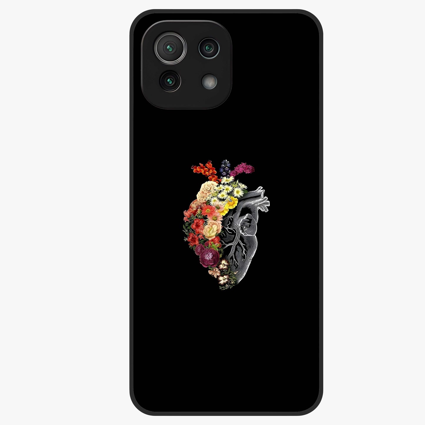Heart With Flowers Glass Case showing flat back view with heart shaped floral artwork and glossy glass finish.
