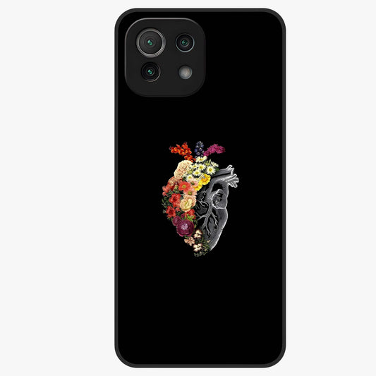 Heart With Flowers Glass Case showing flat back view with heart shaped floral artwork and glossy glass finish.
