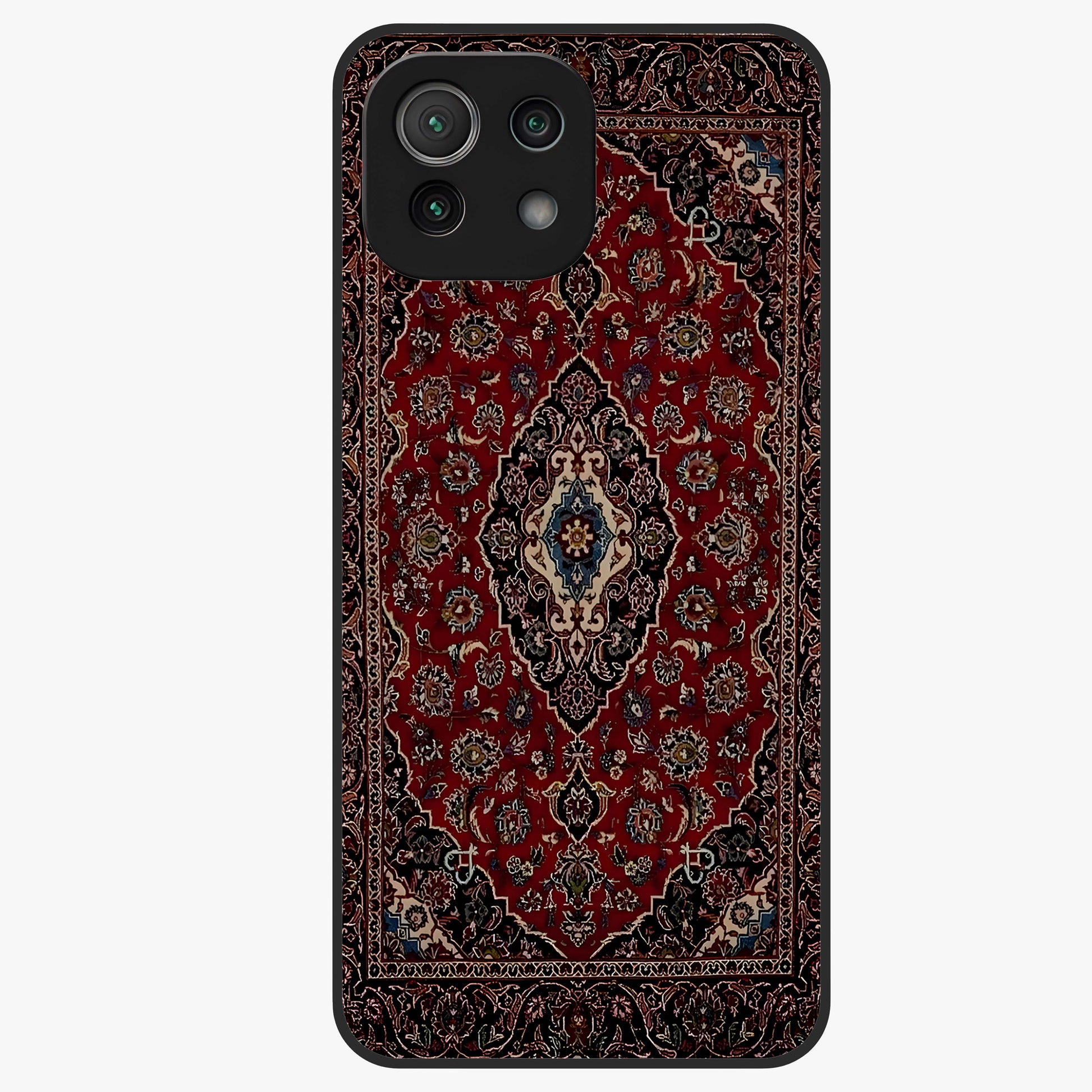 Heritage Carpet Royale Glass Case showing flat back view with ornate Persian carpet inspired pattern and glossy glass finish.