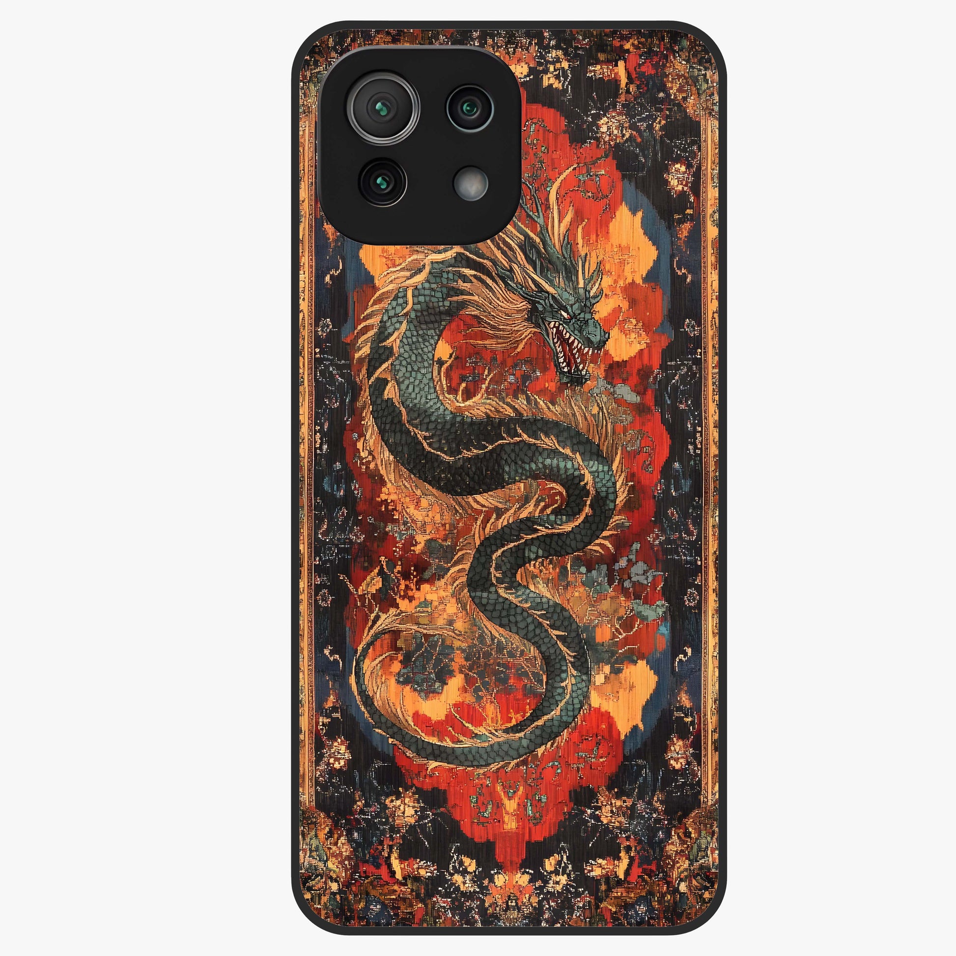 Inferno Dragon Soul Glass Case showing flat back view with fiery dragon artwork and glossy glass finish.