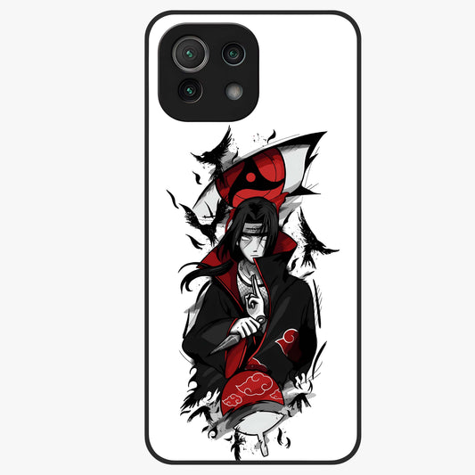 Itachi Sharingan Glass Case showing flat back view with powerful anime eye artwork and glossy glass finish.