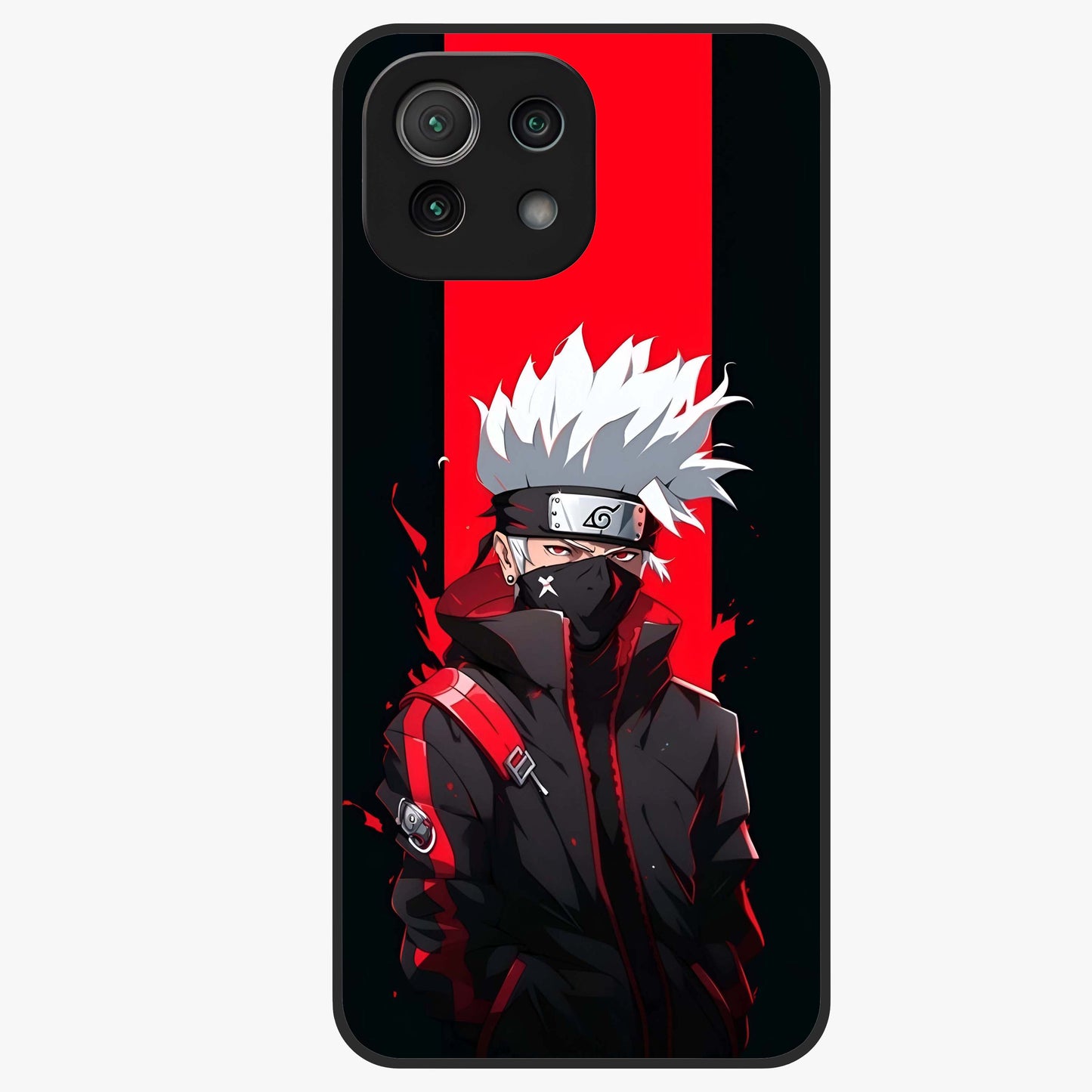 Kakashi Scarlet Shadow Glass Case showing flat back view with powerful anime ninja artwork and glossy glass finish.