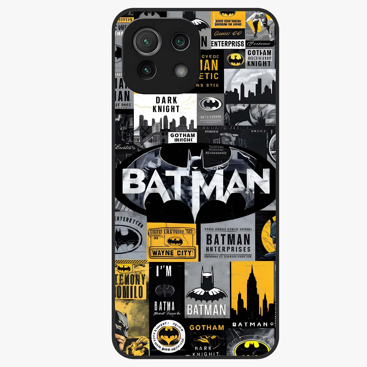 Knight Gotham Rise Glass Case showing flat back view with dark hero inspired artwork and glossy glass finish.