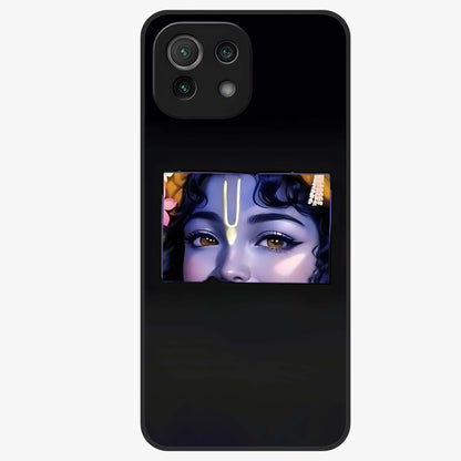 Krishna Divine Embrace Glass Case showing flat back view with Lord Krishna devotional artwork and glossy glass finish.