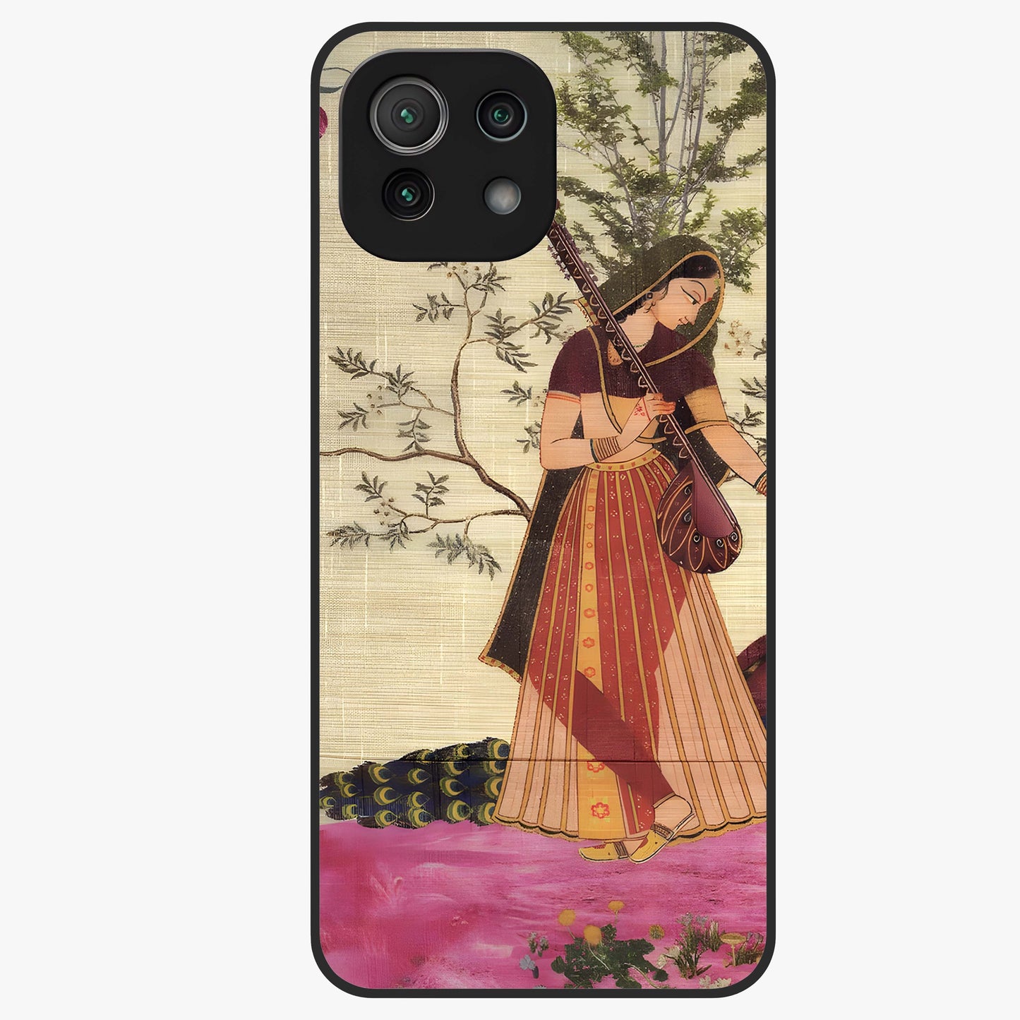 Lady With Veena Art Glass Case showing flat back view with elegant woman playing veena artwork and glossy glass finish.