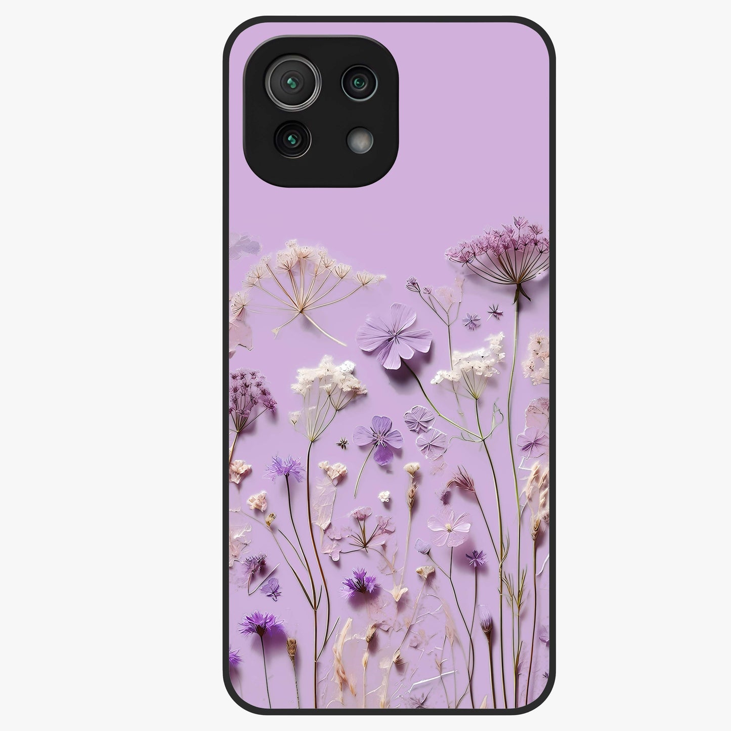 Lavender Blossom Dream Glass Case showing flat back view with soft lavender floral artwork and glossy glass finish.