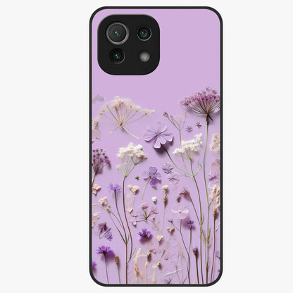 Lavender Blossom Dream Glass Case showing flat back view with soft lavender floral artwork and glossy glass finish.