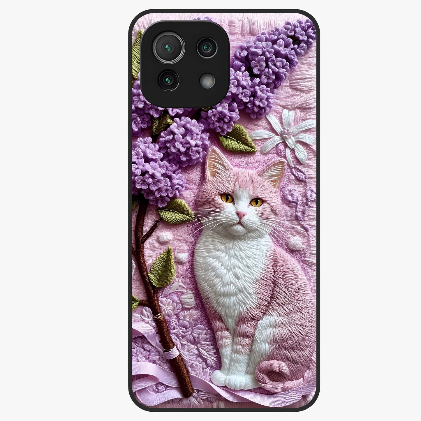 Lavender Cat Whimsy Glass Case showing flat back view with cute lavender cat artwork and glossy glass finish.