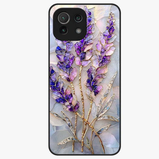 Lavender Dream Glow Glass Case showing flat back view with glowing lavender aesthetic artwork and glossy glass finish.