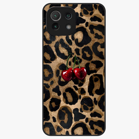 Leopard Wild Cherry Glass Case showing flat back view with leopard pattern and cherry artwork and glossy glass finish.