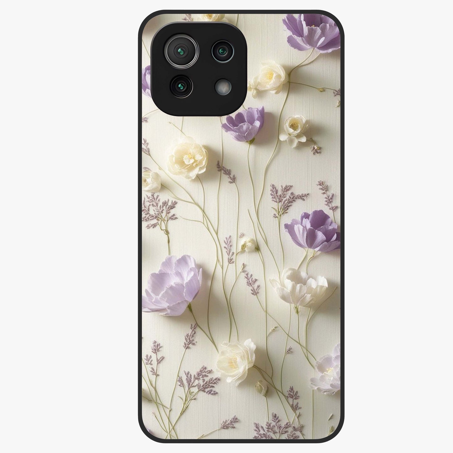 Lilac Breeze Harmony Glass Case showing flat back view with soft lilac themed artwork and glossy glass finish.
