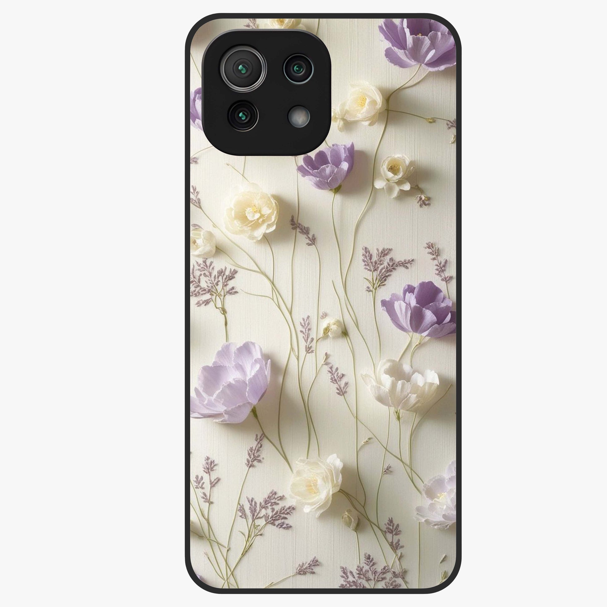 Lilac Breeze Harmony Glass Case showing flat back view with soft lilac themed artwork and glossy glass finish.