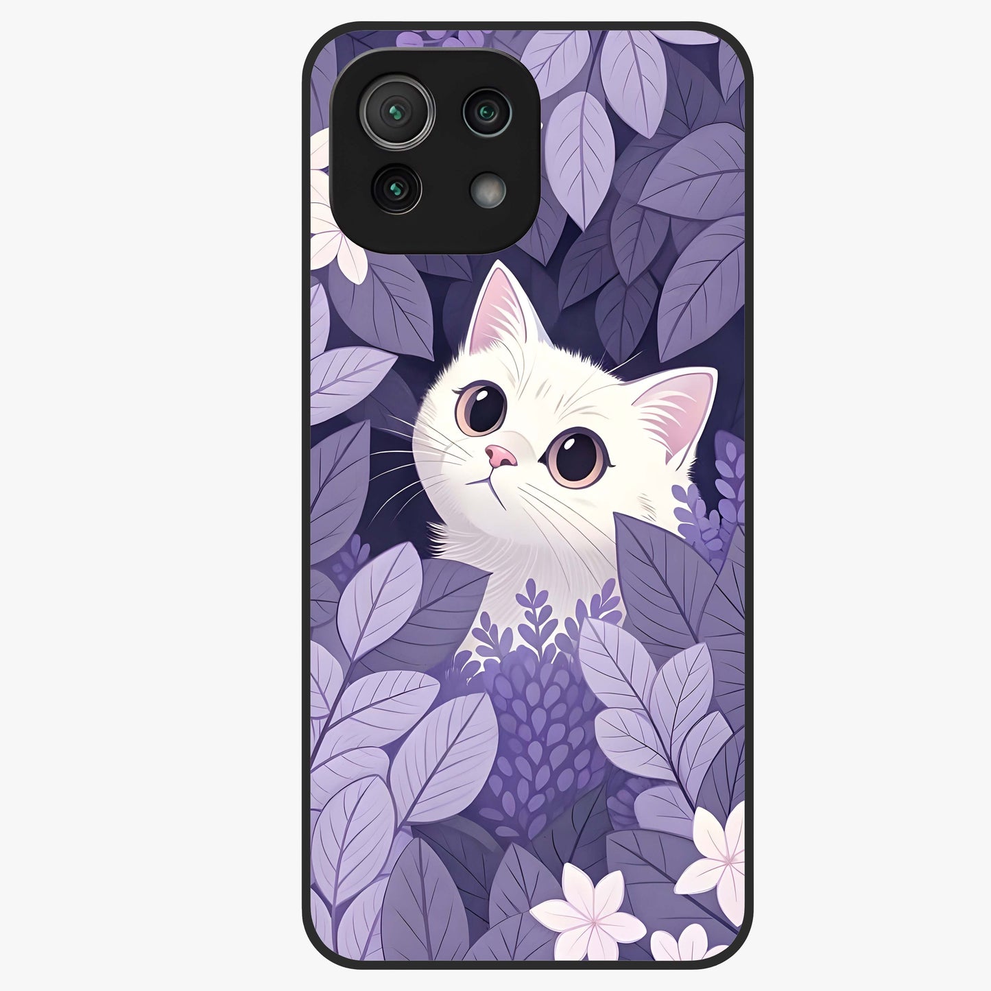 Lilac Hide Peek Cat Glass Case showing flat back view with cute peeking cat artwork and glossy glass finish.