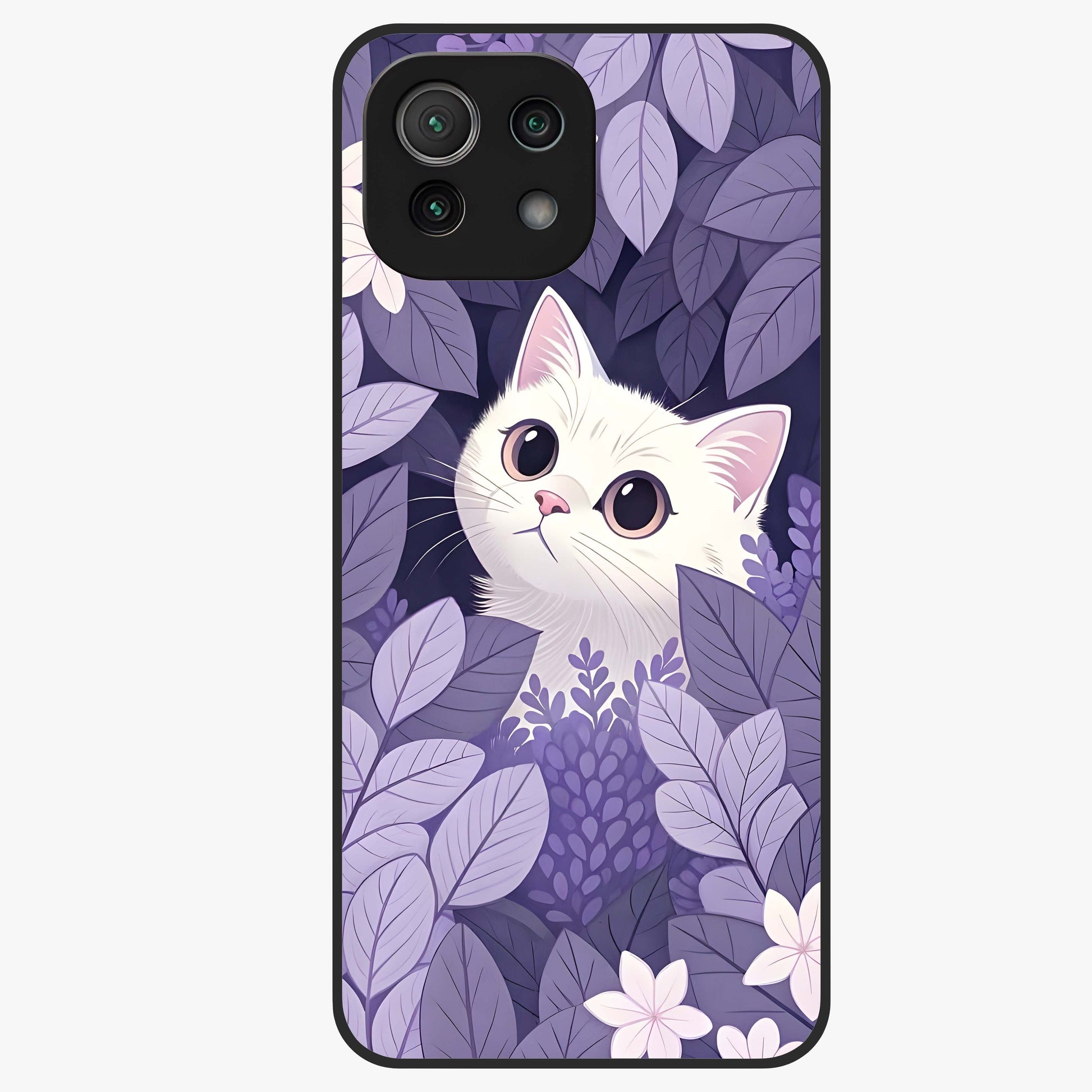 Lilac Hide Peek Cat Glass Case showing flat back view with cute peeking cat artwork and glossy glass finish.