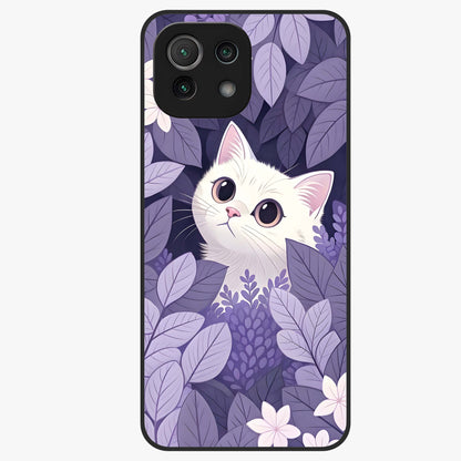 Lilac Hide Peek Cat Glass Case showing flat back view with cute peeking cat artwork and glossy glass finish.