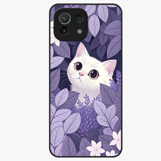 Lilac Hide Peek Cat Glass Case showing flat back view with cute peeking cat artwork and glossy glass finish.