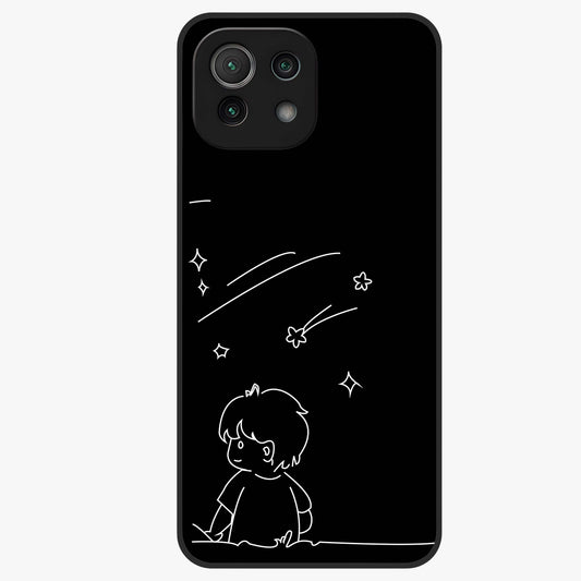 Line Art Boy With Shooting Stars Glass Case showing flat back view with minimal line art boy and shooting stars illustration and glossy glass finish.