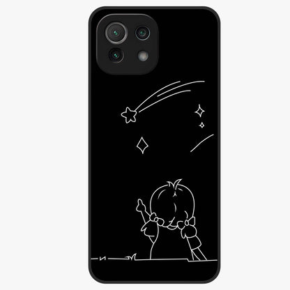 Line Art Girl With Shooting Stars Glass Case showing flat back view with minimal line art girl and shooting stars illustration and glossy glass finish.