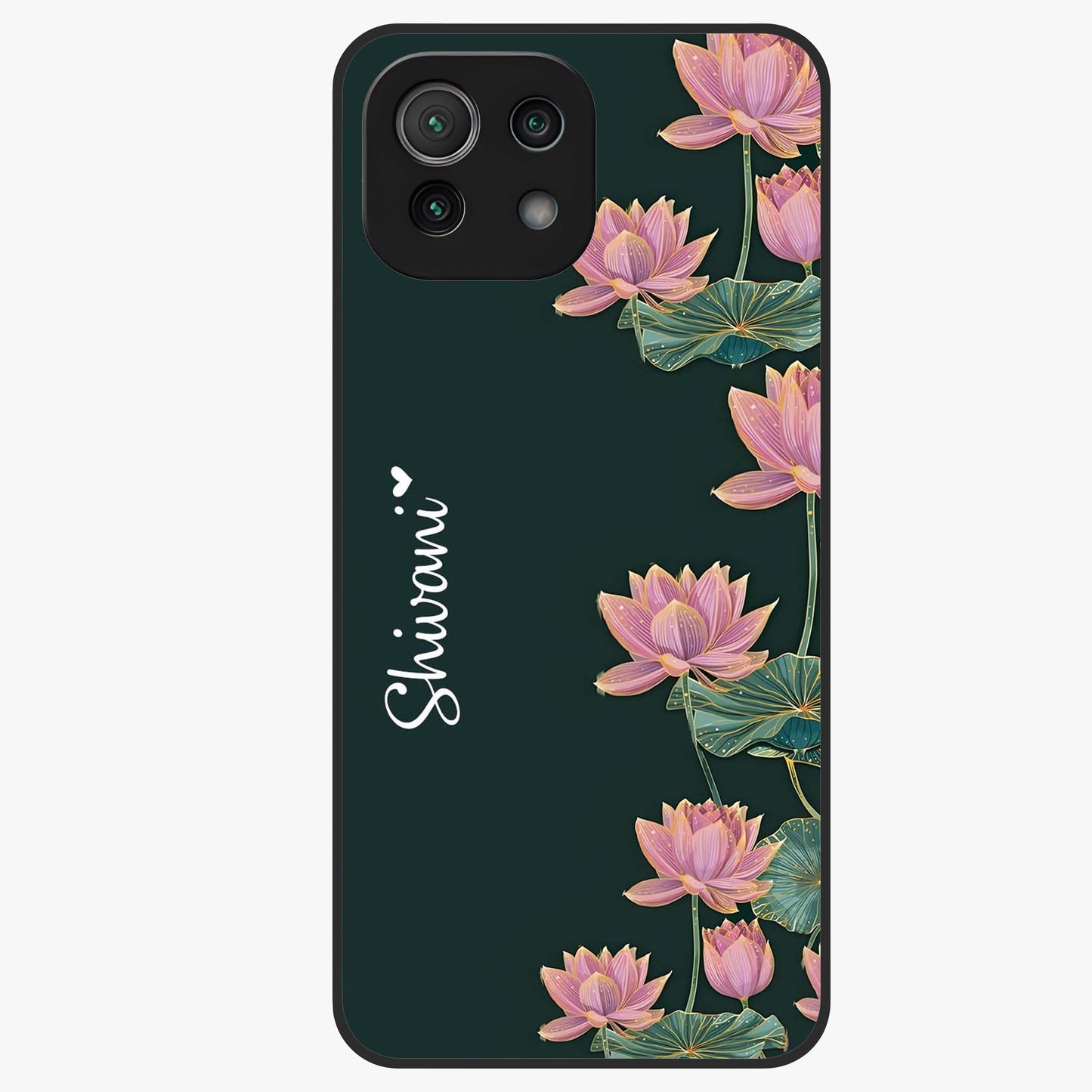 Lotus Bloom Serenity Custom Name Glass Case showing flat back view with elegant lotus flower artwork and personalized name design.