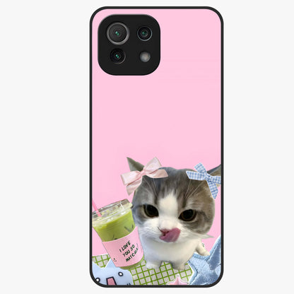 Love Matcha Cat Glass Case showing flat back view with cute cat and matcha themed artwork and glossy glass finish.