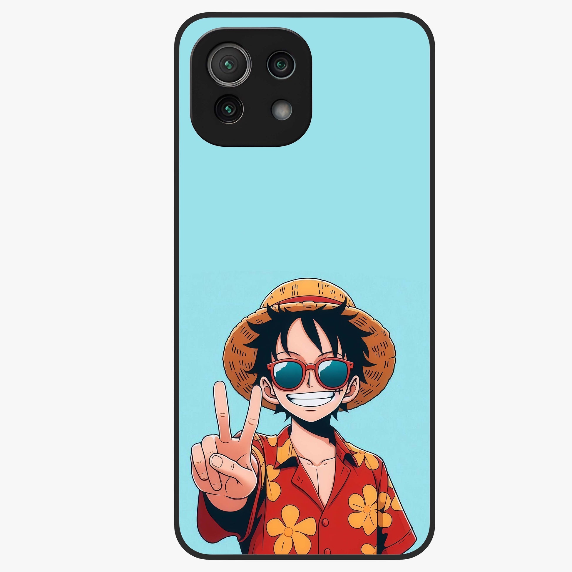 Luffy Summer Anime Vibe Glass Case showing flat back view with vibrant anime character artwork and glossy glass finish.
