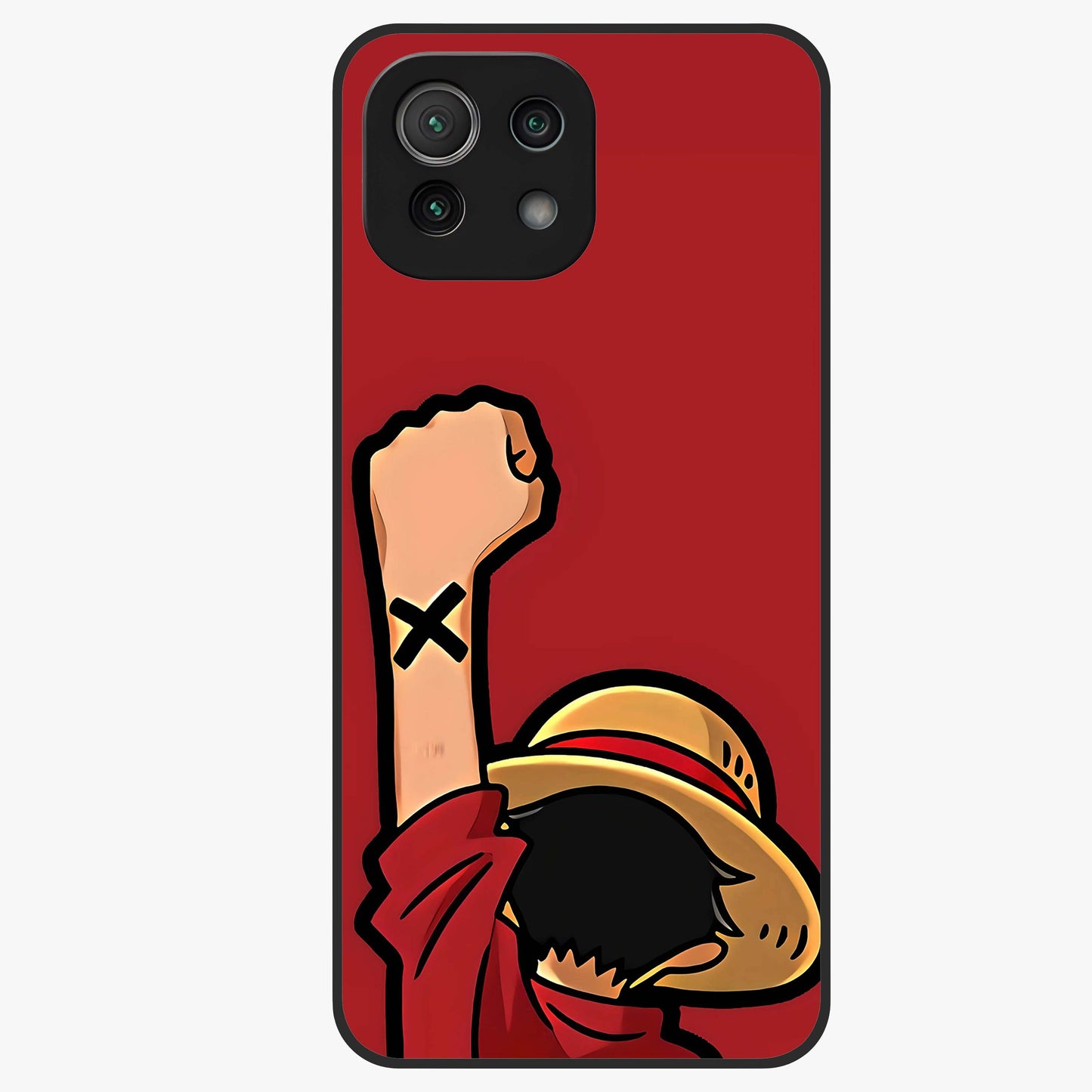Luffy X Spirit Glass Case showing flat back view with bold anime character artwork and glossy glass finish.