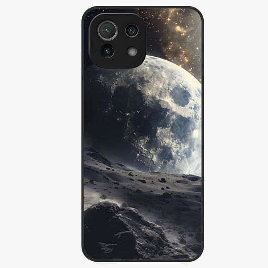 Lunar Horizon Glow Glass Case showing flat back view with glowing moon horizon artwork and glossy glass finish.
