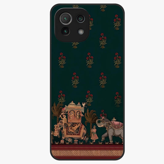 Macmerise Glass Case showing flat back view with stylish modern artwork and glossy glass finish.
