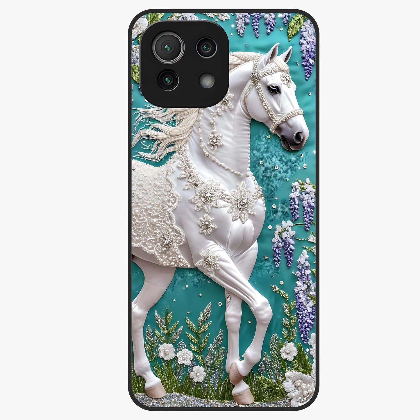 Majestic Floral Stallion Glass Case showing flat back view with powerful horse and floral artwork and glossy glass finish.