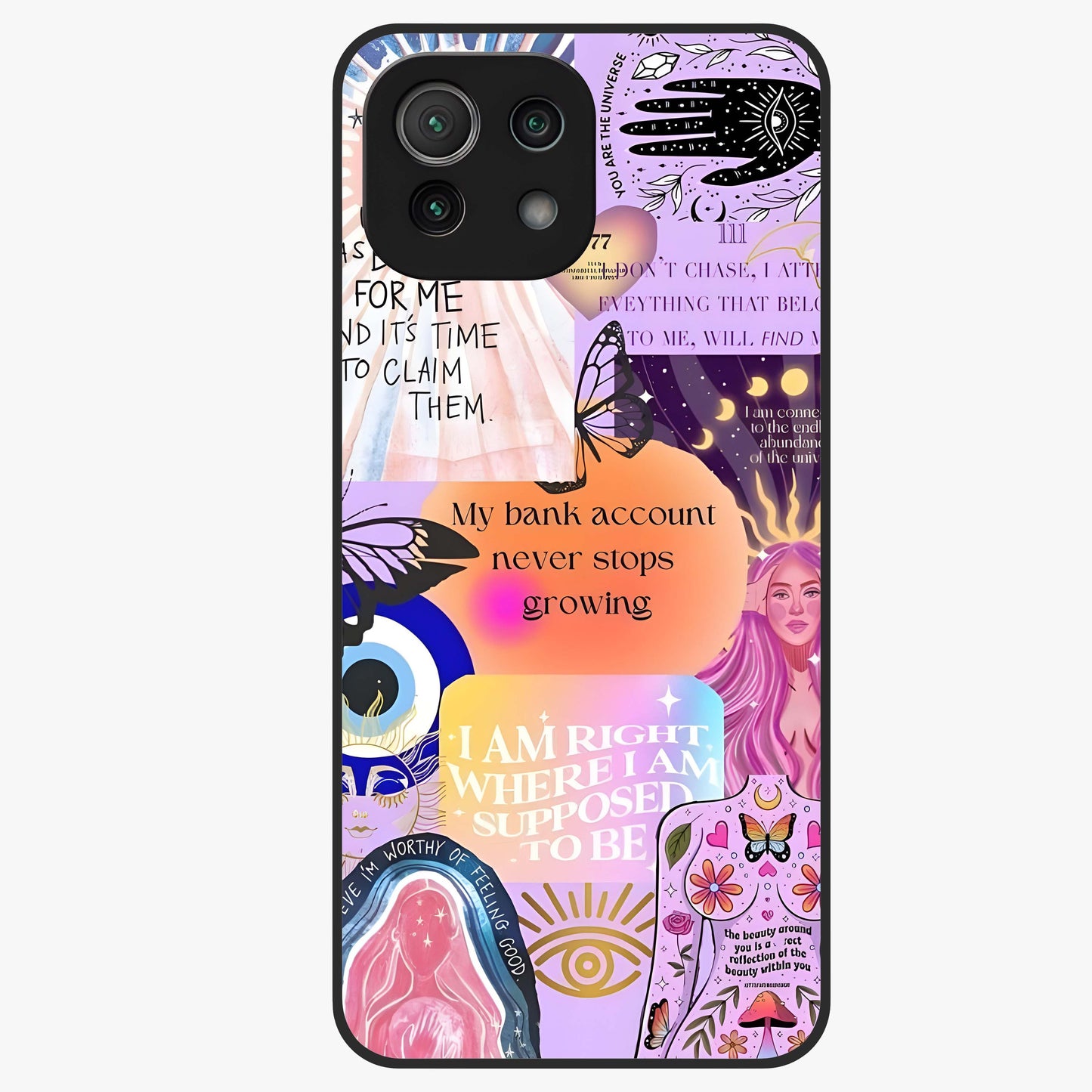Manifestation Collage Glass Case showing flat back view with motivational collage artwork and glossy glass finish.