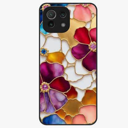 Marble Flower Pattern Glass Case showing flat back view with marble texture floral artwork and glossy glass finish.