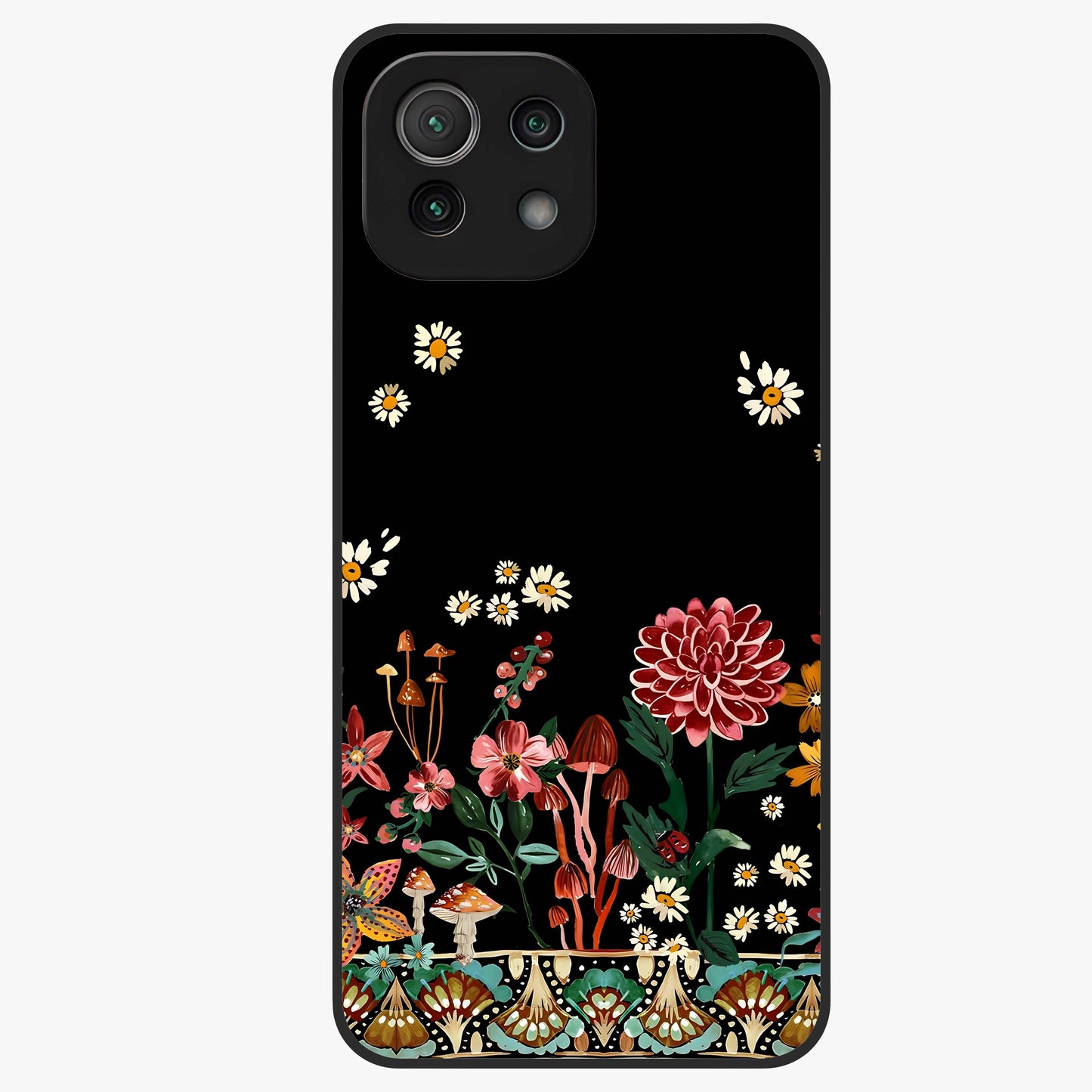 Midnight Bloom Pattern Glass Case showing flat back view with dark floral pattern artwork and glossy glass finish.