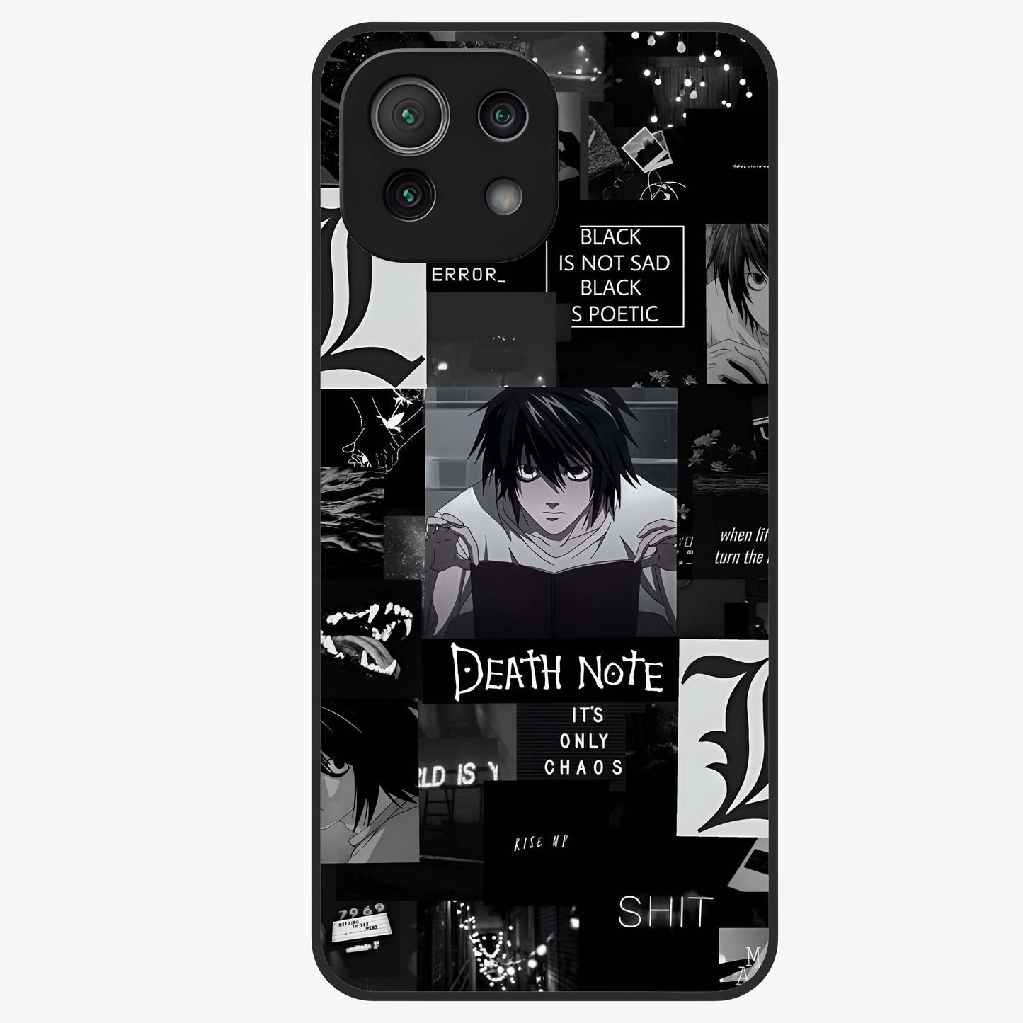 Midnight Chaos Mind Glass Case showing flat back view with abstract dark themed artwork and glossy glass finish.