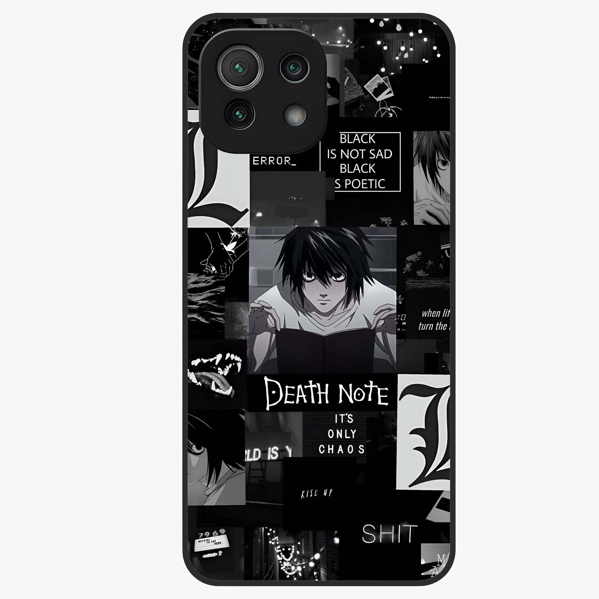 Midnight Chaos Mind Glass Case showing flat back view with abstract dark themed artwork and glossy glass finish.