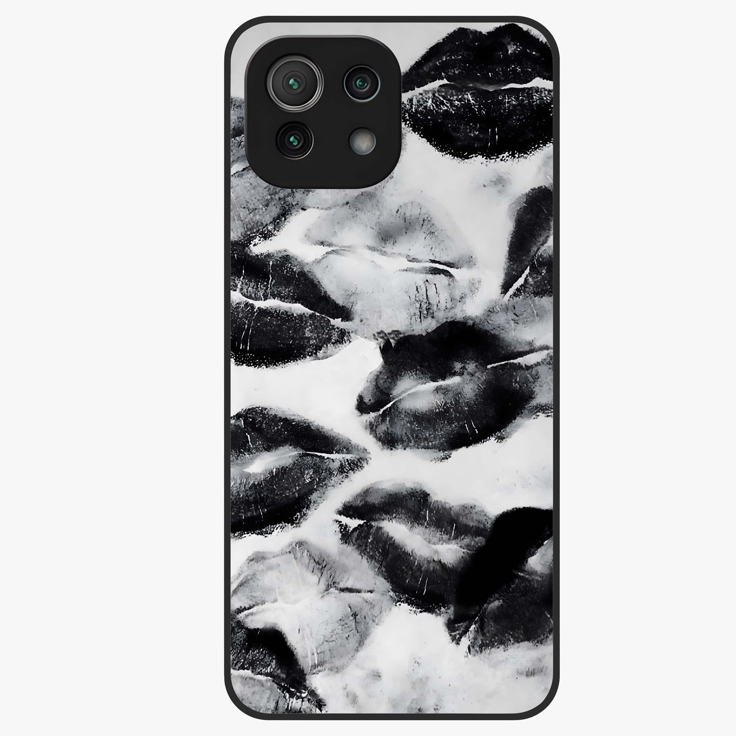 Midnight Kiss Marks Glass Case showing flat back view with lipstick kiss mark artwork and glossy glass finish.