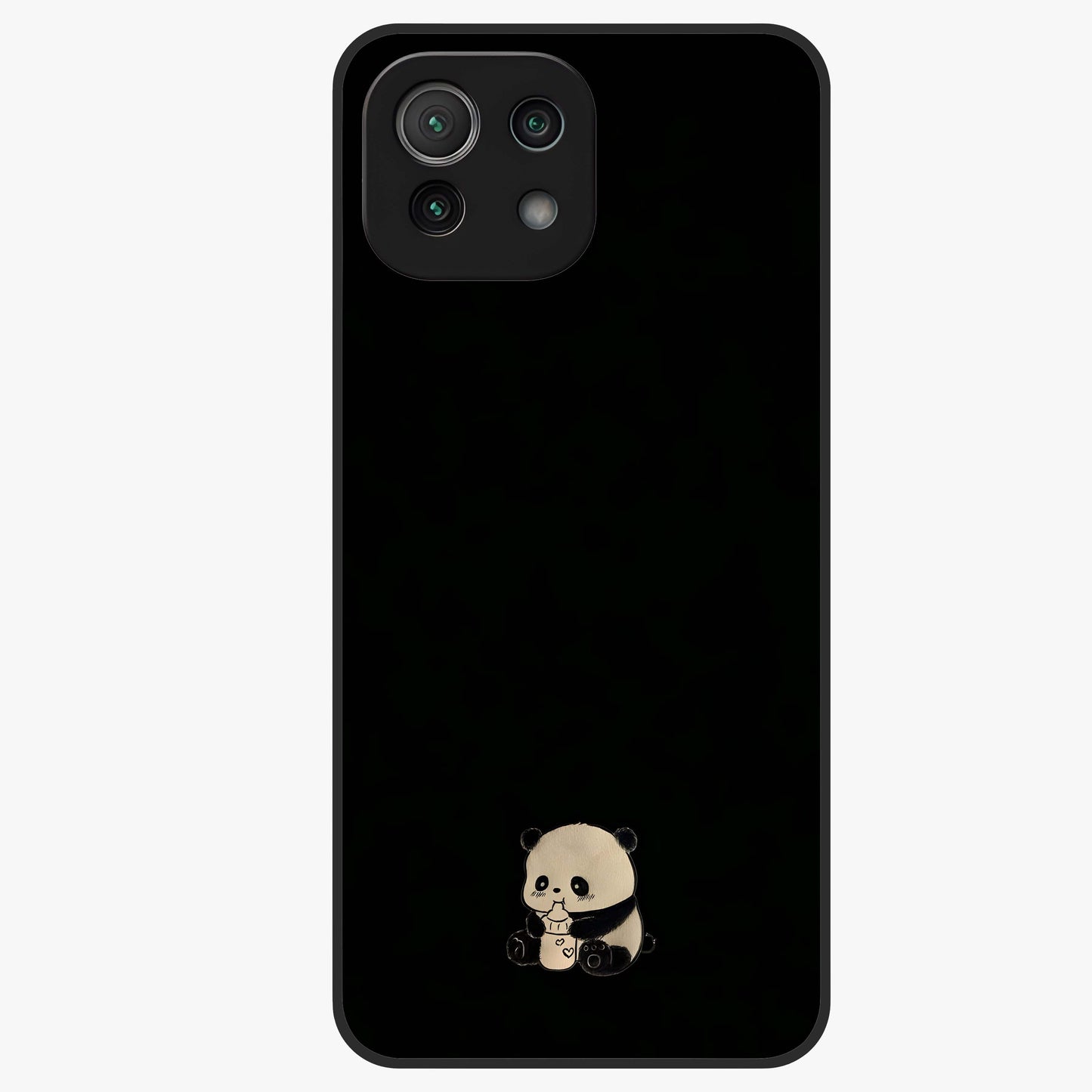 Midnight Panda Love Glass Case showing flat back view with cute panda themed artwork and glossy glass finish.