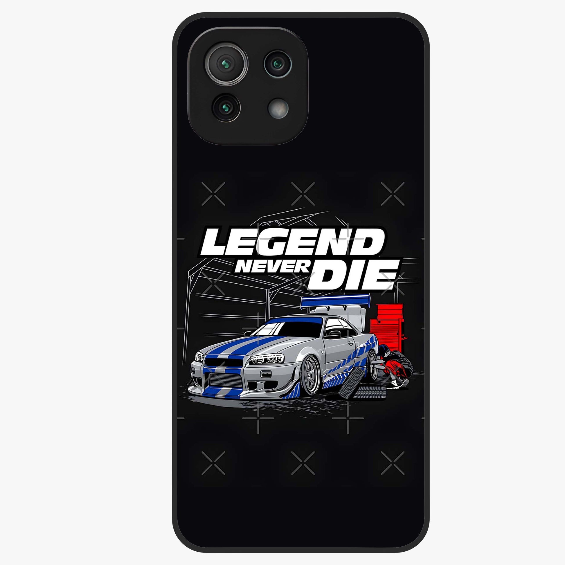 Midnight Racing Legacy Glass Case showing flat back view with sleek racing inspired artwork and glossy glass finish.