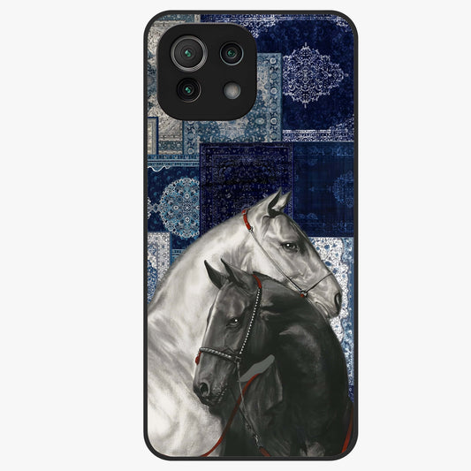 Midnight Stallion Blues Glass Case showing flat back view with majestic horse artwork and glossy glass finish.