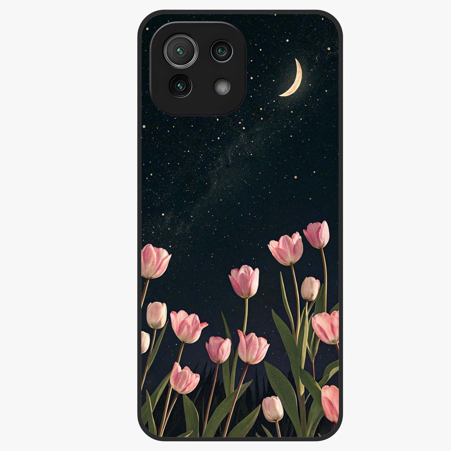 Midnight Tulip Whispers Vibe Glass Case showing flat back view with elegant tulip flower artwork and glossy glass finish.