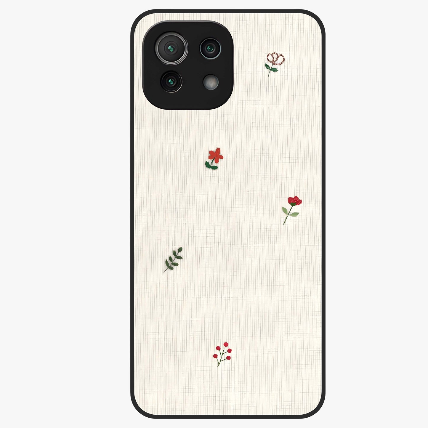 Minimal Petal Whispers Glass Case showing flat back view with soft minimal floral artwork and glossy glass finish.