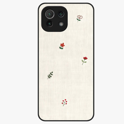 Minimal Petal Whispers Glass Case showing flat back view with soft minimal floral artwork and glossy glass finish.