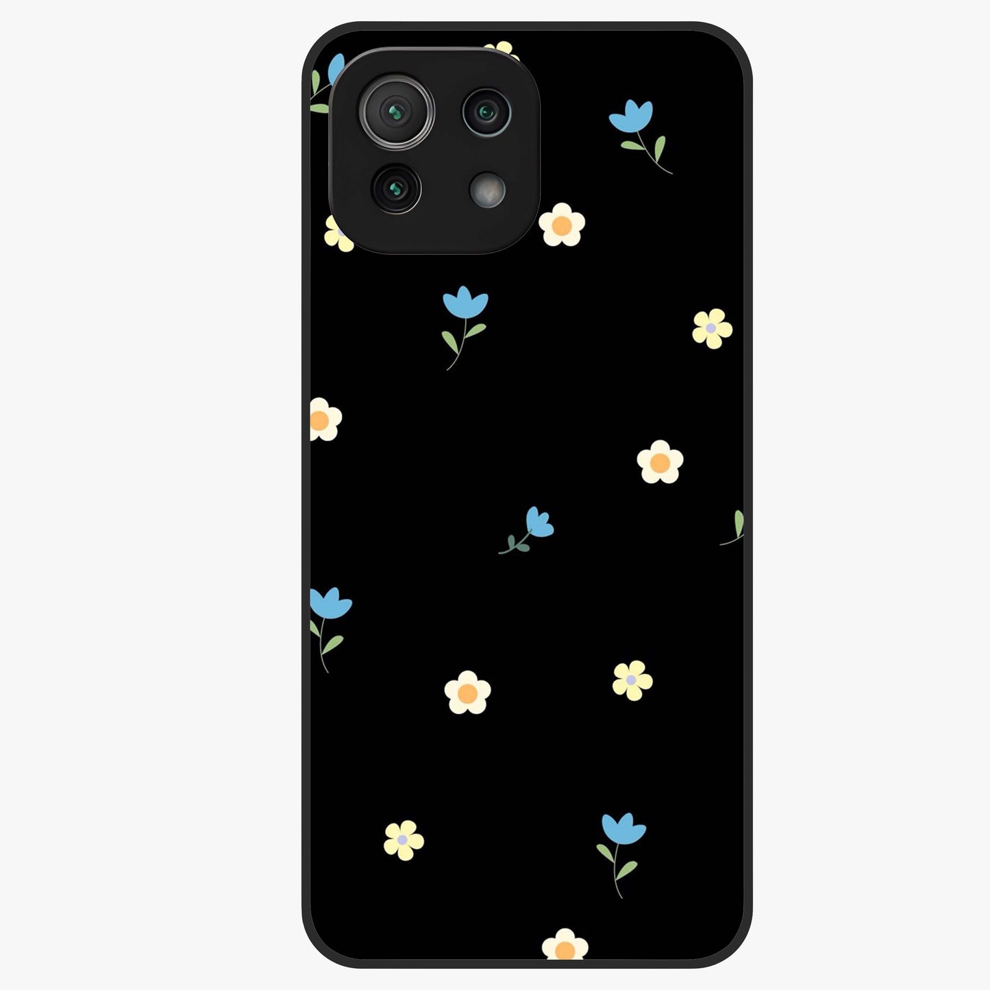 Minimalistic Blue With White Flower Pattern Glass Case showing flat back view with blue background and white flower pattern and glossy glass finish.