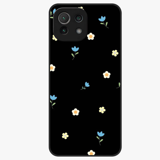 Minimalistic Blue With White Flower Pattern Glass Case showing flat back view with blue background and white flower pattern and glossy glass finish.