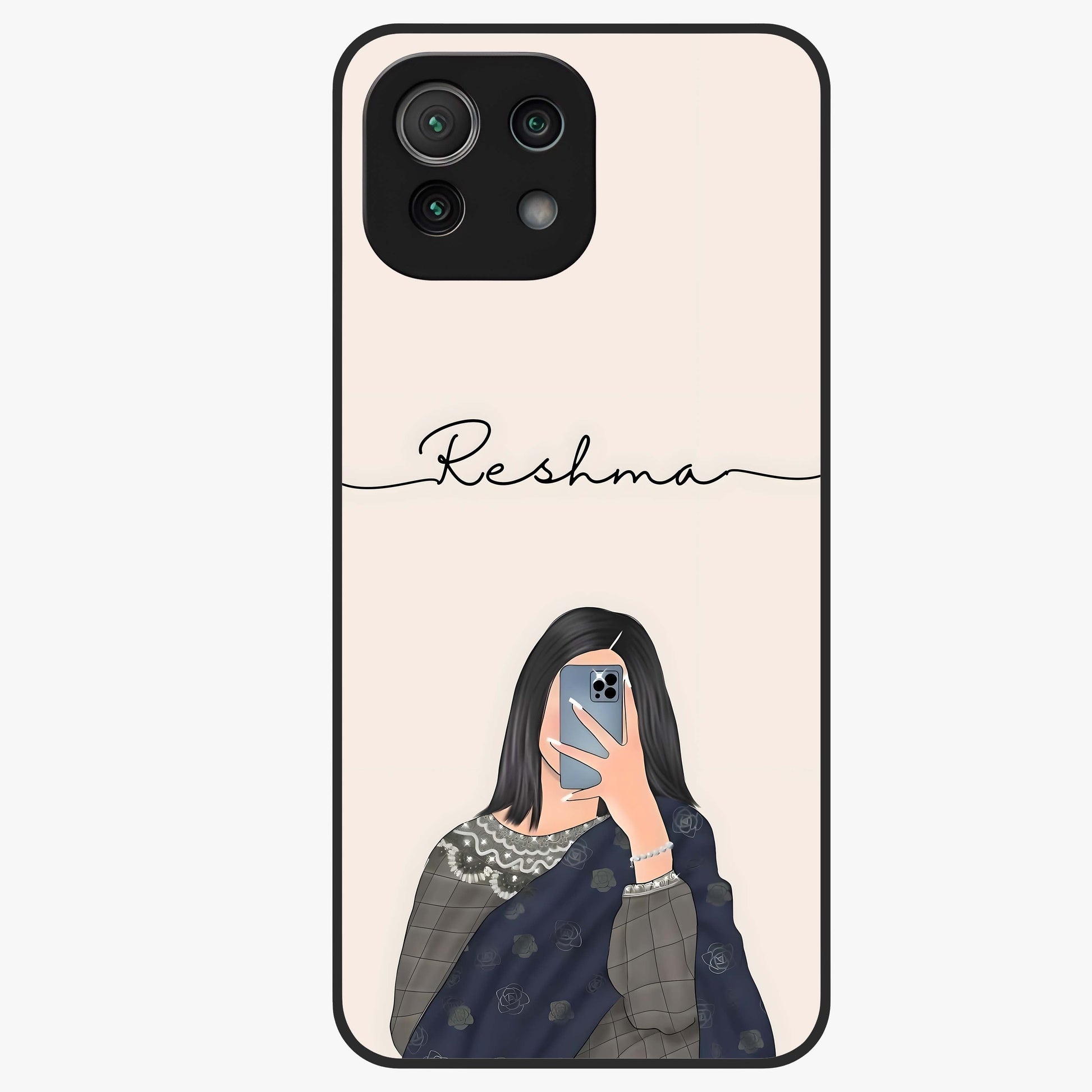 Mirror Mood Muse With Custom Name Glass Case showing flat back view with stylish mirrored artwork and personalized name design.