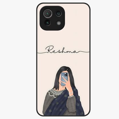 Mirror Mood Muse With Custom Name Glass Case showing flat back view with stylish mirrored artwork and personalized name design.