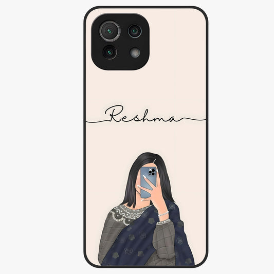 Mirror Mood Muse With Custom Name Glass Case showing flat back view with stylish mirrored artwork and personalized name design.