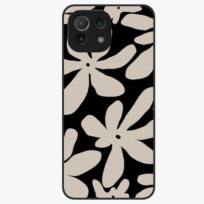 Monochrome Petal Dance Glass Case showing flat back view with monochrome floral artwork and glossy glass finish.