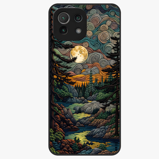 Moonlight Forest Dream Glass Case showing flat back view with mystical forest moonlight artwork and glossy glass finish.